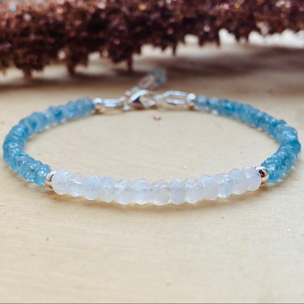 Moonstone Aquamarine Sterling Silver Bead Bracelet